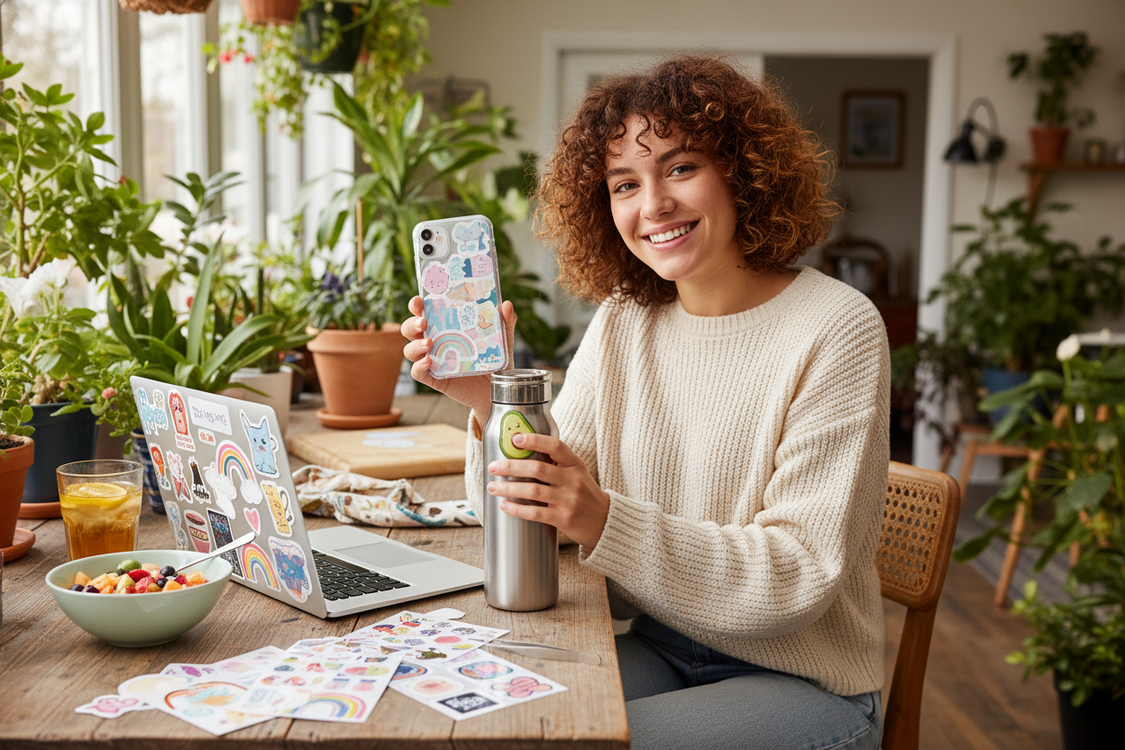 someone enjoying their kiss cut stickers, phone case, and life